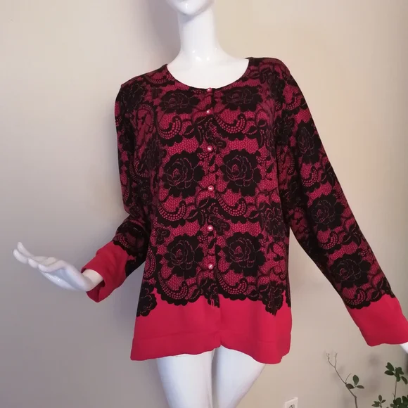 Isaac Mizrahi Pink and Black Lace-Overlay Button Cardigan - Picture 2 of 6